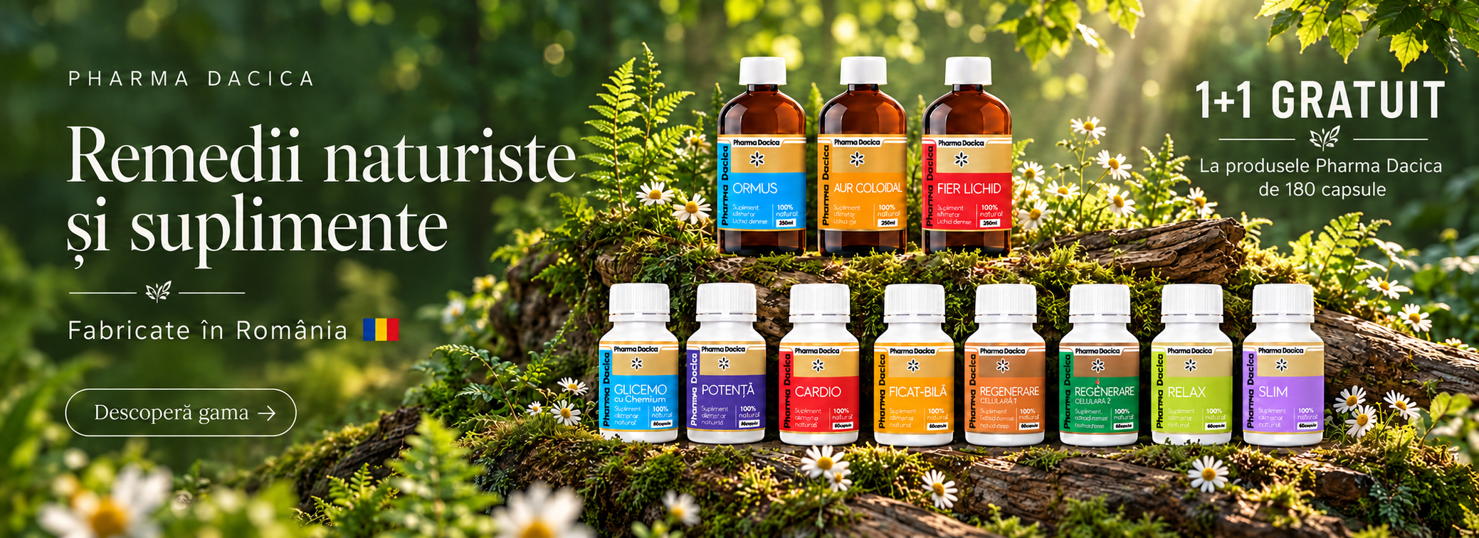 Pharma Dacica – suplimente naturale fabricate în România. Ofertă 1+1 gratuit la produsele participante de 180 capsule.